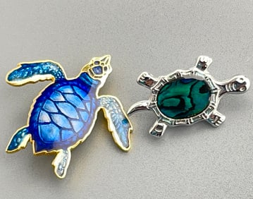 Turtle Brooch Enamel and Mother of Pearl Decorated Pins Lot of 2 Items