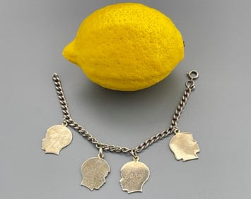 Vintage Mid Century Children Charm Bracelet Four Profile Face Plaques