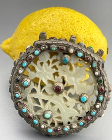 Chinese Antique Jeweled Jade Large Carved Pendant Amulet