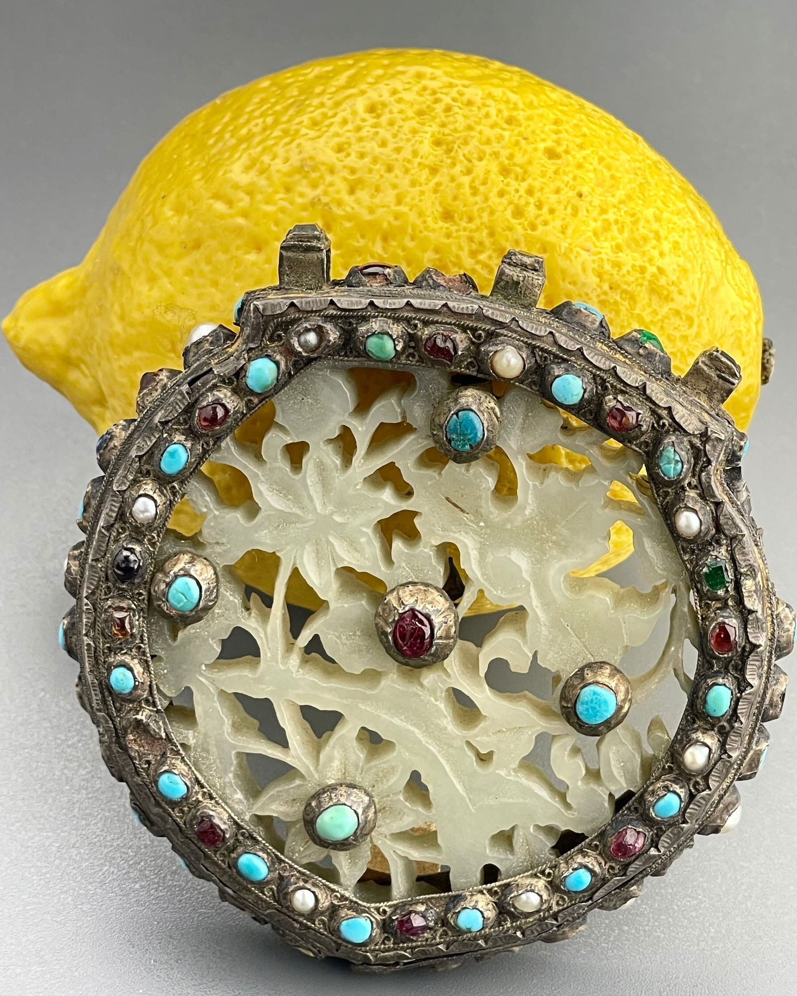 Chinese Antique Jeweled Jade Large Carved Pendant Amulet (1 of 8)