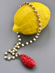 Vintage Chinese Cinnabar Buddha Pendant on Carved Mother of Pearl Bead Necklace