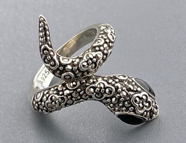 Silver Rattle Snake Ring Cabochon Eyes Marcasite Jeweled 925 Sterling Hallmark