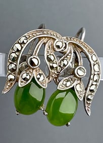 Green Jade Genuine Marcasite Sterling Silver Screw Back Earrings