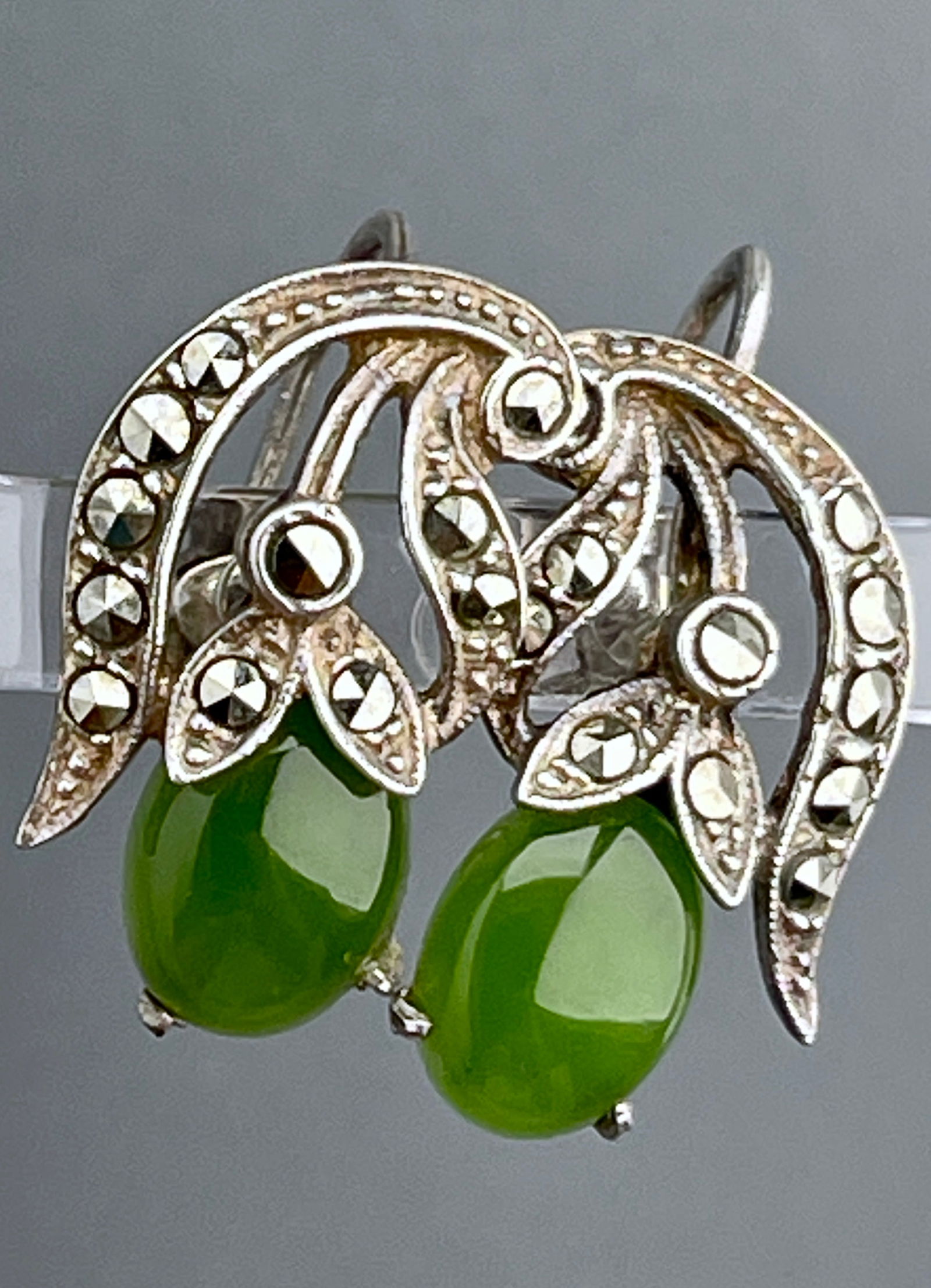 Green Jade Genuine Marcasite Sterling Silver Screw Back Earrings: Green Jade Genuine Marcasite Sterling Silver Screw Back Earrings Approximately 13/16 inches.