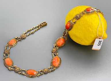 Vintage Chinese Vermail Filigree Oval Cabochon Jeweled Necklace