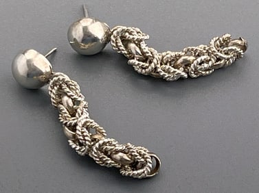 Taxco Rope Twisted Chain Dangling Silver Earrings Mexican 925 Sterling Apparently Unmarked