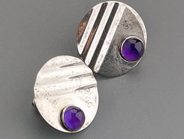 Amethyst Cabochon Jeweled Modernist Mid Century Costume Jewelry Earrings