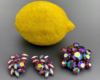 Aura Rainbow Ruby Red Shade Crystal Jeweled Mid Century Iridescent Rhinestones Costume Jewelry Set