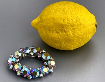 Aurora Borealis Oval Sparkly Vintage Brooch Iridescent Rainbow Color Crystals Mid Century Costume