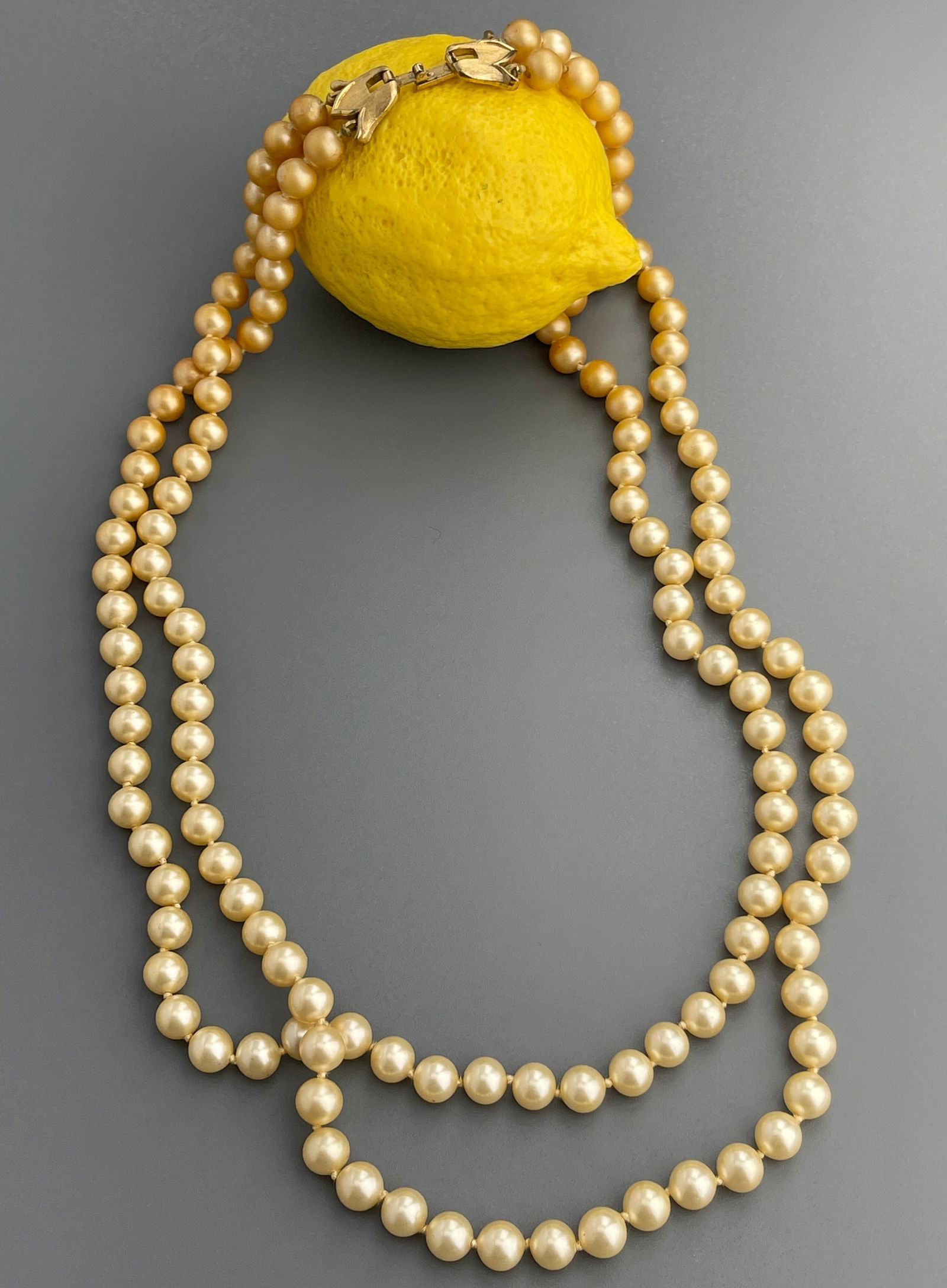 Vintage Trifari Art Deco Period Faux Pearl Double String Necklace: Vintage Trifari Art Deco Period Faux Pearl Double String Necklace Approximately 25 inches side to side.