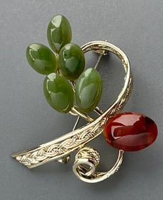 Semi Precious Stone Cabochon Gemstone Filigree Brooch Mid Century Fashion Jewelry