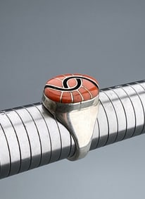 Zuni Coral Inlay Silver Ring by Amy Quandelacy Vintage c 1980 Native American Jewelry
