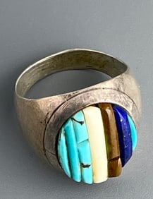 Signed Pete Sierra Navajo Sterling Silver Tubular Cobblestone Turquoise Multi Stone Cornrow Inlay