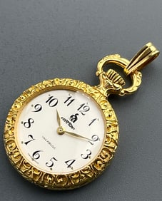 Round Ornate Basel Gold Tone Swiss Made Pendant Watch Old Stock Never Used Framont Incablock Wind Up