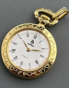 Swiss Made Pendant Watch Roman Numerals White Enamel Dial Flower in Sunburst Back Framont Incabloc