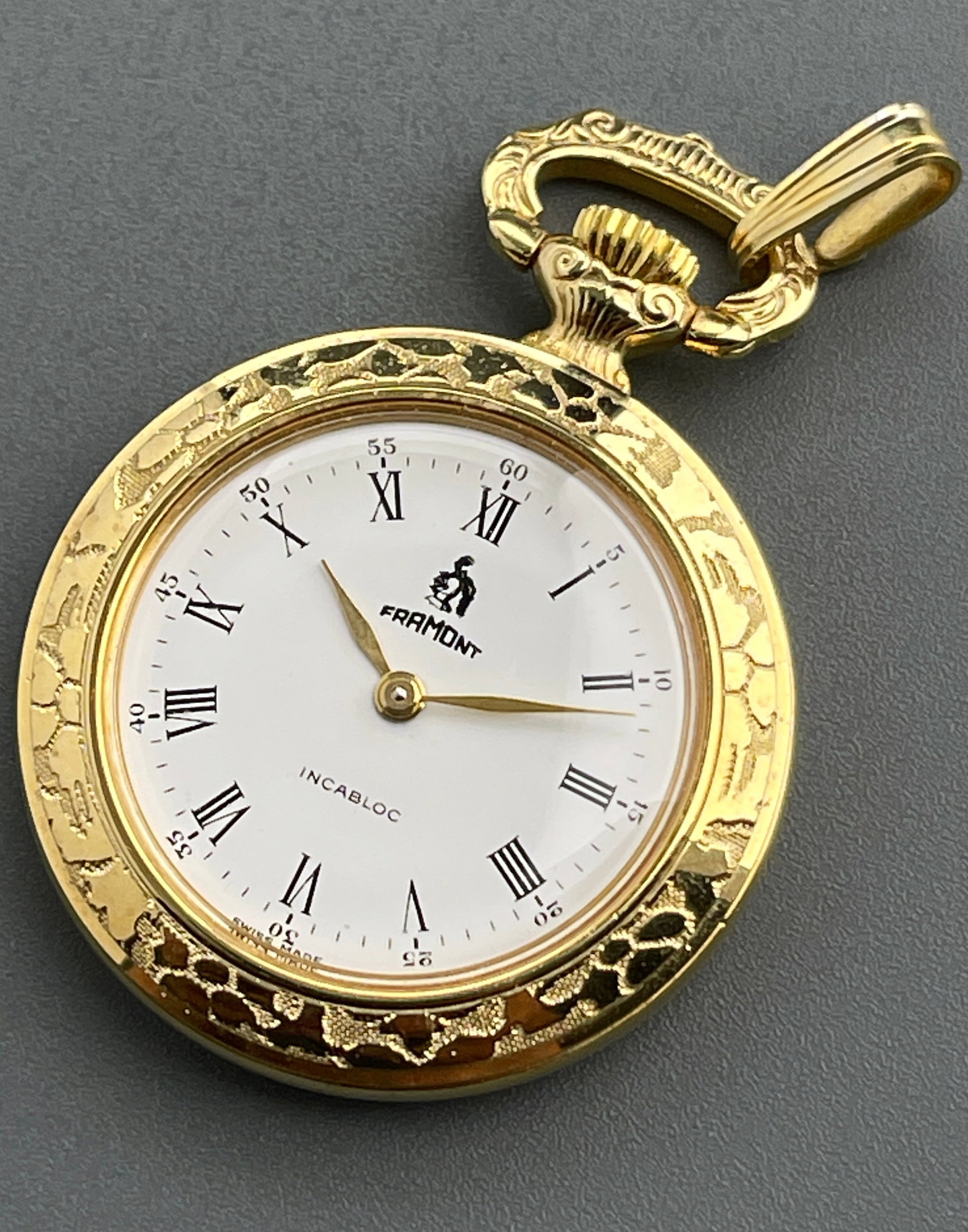 Swiss Made Pendant Watch Roman Numerals White Enamel Dial Flower in Sunburst Back Framont Incabloc: Swiss Made Pendant Watch Roman Numerals White Enamel Dial Flower in Sunburst Back Framont Incabloc Wind Up Movement Never Used