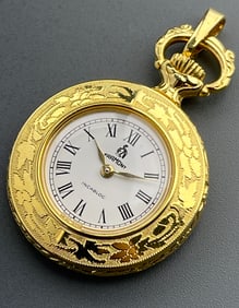 Vintage Open Face Gold Tone Floral Design Pendant Watch Made in Switzerland Never Used Mechanical