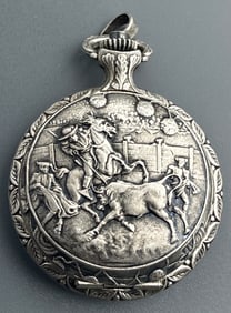 Swiss Hunter Case Spain Corrida Theme Wind Up Pocket Watch Toreador Bull Embossed Scene Case White