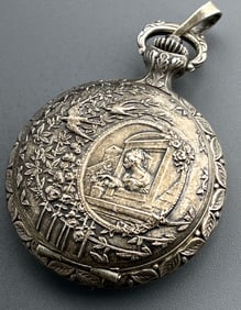 Lady in Window and Bird Scene Ornate Back Hunter Case Pocket Watch Mechanical Incabloc Shock