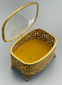 Glass Top Brass Filigree Casket Jewelry Trinket Box