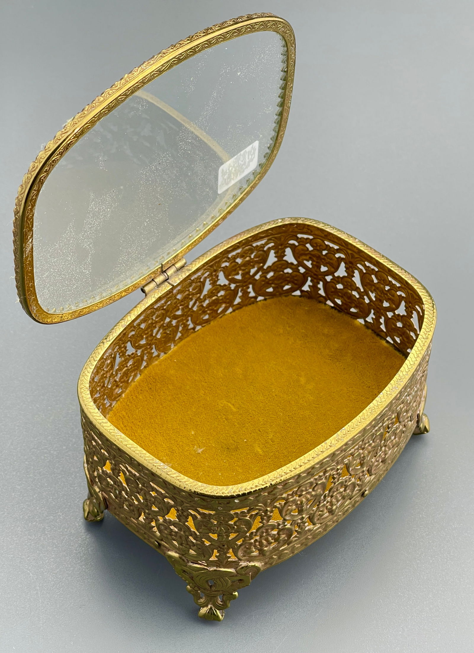 Glass Top Brass Filigree Casket Jewelry Trinket Box (1 of 4)