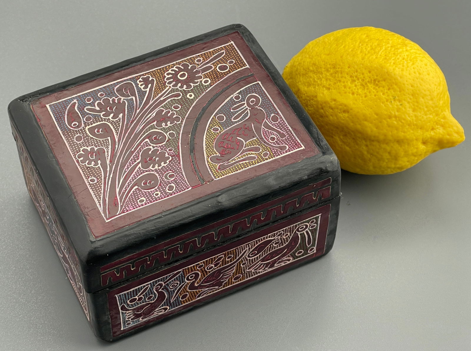 Folk Art Carved Hare Wooden Hinged Trinket Box (1 of 3)