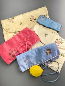 Vintage Chinese Padded Embroidered Silk Jewelry Safe Keep Envelope Folding Pouches Lot of 5