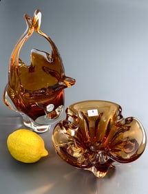 Murano Amber Art Glass Bowl or Deep Ashtray & Vintage Mid Century Bohemian Basket Form Candy Bowl