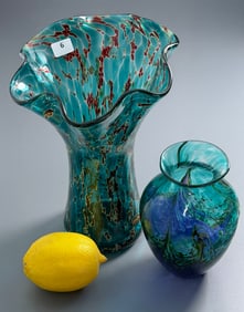 Mid Century Green Art Glass Vases Mottled Flared Ruffle Rim Flower Vase by Glass Eye USA and Artist