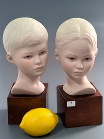 Cybis Mid Century Bisque Porcelain Busts of Youth on Wooden Plinth
