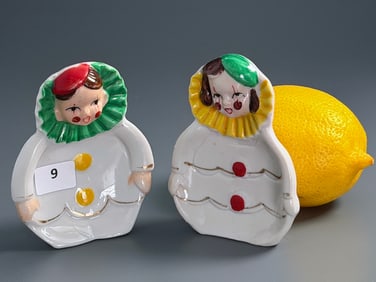 Pierrot Art Deco Clown Ashtray Porcelain Made in Japan c 1930 Vintage Lot of 2