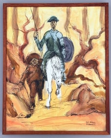 Don Quixote and Sancho Panza Original Surrealist Modern Art Painting on Canvas Unique Oil & Ink