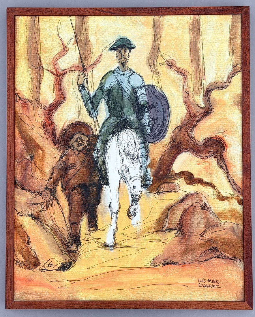 Don Quixote and Sancho Panza Original Surrealist Modern Art Painting on Canvas Unique Oil & Ink: Don Quixote and Sancho Panza Original Surrealist Modern Art Painting on Canvas Unique Oil & Ink Mixed Media by Columbian Artist Luis Carlos Rodriguez (born 1937 in Colombia, currently professor of art