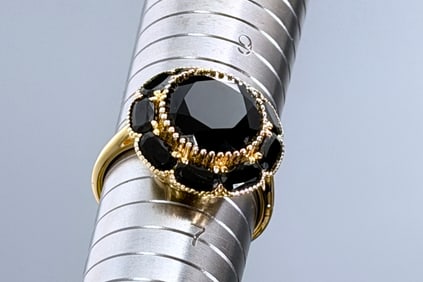 Black Onyx Crown Cluster Ring in 14K Gold Plated Sterling Silver Size 8