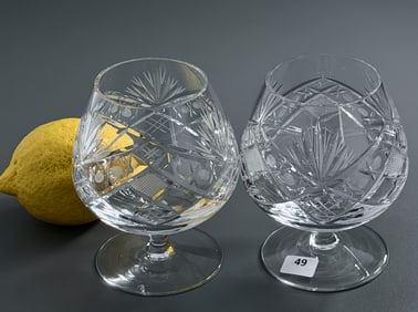 Cognac Sipping Snifter Lot of 2 Cut Glass Brandy Balloon Crystal Glasses