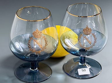 Napoleon Cognac Gilded N Monogram Colored Glass Snifters Lot of 2 Brandy Glasses
