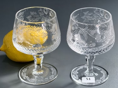 Intaglio Mastercut Crystal Brandy Glass Floral Design Cognac Snifter Lot of 2 Glasses