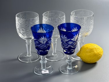 Cobalt Blue Cut To Clear Toasting Glasses & Clear Crystal Stemware Lot of 5 Glasses