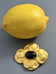 Maxine Denker High Karat Gold Plated Black Cabochon Vintage Brooch