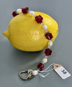 Ruby Red Faceted Crystal & Pearl Bracelet