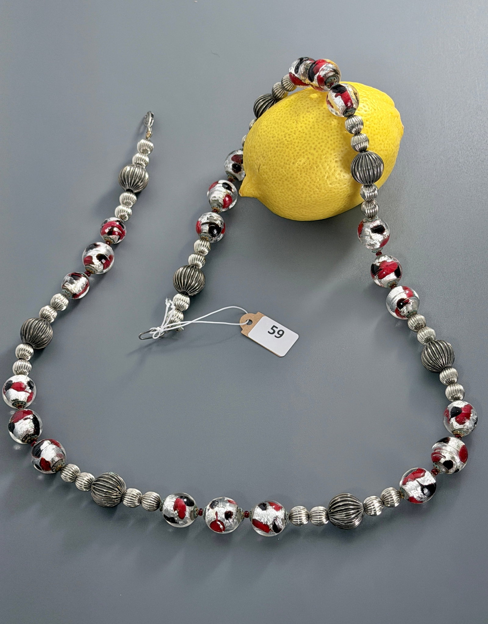 Vintage Silver Vampire Blood Splashed Beads Bohemian Art Glass Necklace: Vintage Silver Vampire Blood Splashed Beads Bohemian Art Glass Necklace Approximately 28 1/2 inches side to side. For all high ticket items, including watches and jewelry, thebuyer identity has to be 