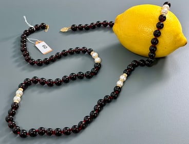 Vintage Chinese 14K Gold Clasp Gemstone Bead Pearl Necklace