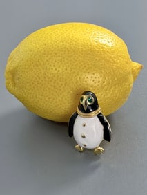 Fat Penguin Green Jeweled Eyes Christmas Costume Jewelry Enameled Pin Brooch