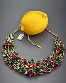 Spectacular Festive Christmas Bib Necklace Red Green Rainbow Aura Rhinestones Crystal and Enamel