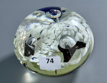 Cobalt Accented Air Bubble on White Vintage Art Glass Paperweight