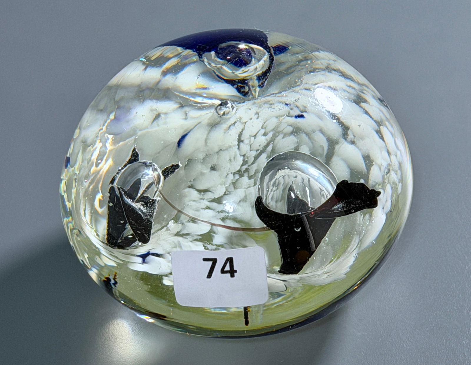 Cobalt Accented Air Bubble on White Vintage Art Glass Paperweight: Cobalt Accented Air Bubble on White Vintage Art Glass Paperweight Approximately 3 inches in diameter. For all high ticket items, including watches and jewelry, thebuyer identity has to be confirmed pr