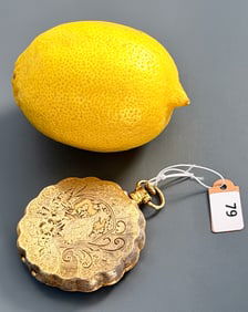 Vintage Gilded Compact Shaped as Pocket Watch Lady & Dog Galant Scenes