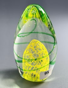 Yellow Webb Vintage Glass Egg Paperweight