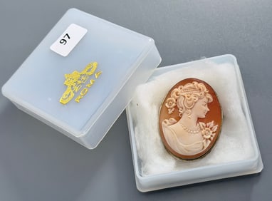 Vintage Italian Shell Cameo Beauty Profile Brooch Pendant in Silver Frame Marked 800 for European