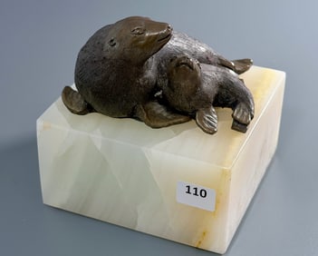 Barry Stein Bronze Sculpture Two Sea Seals on Onyx Base Wildlife Sealions Animalier Art Unsigned